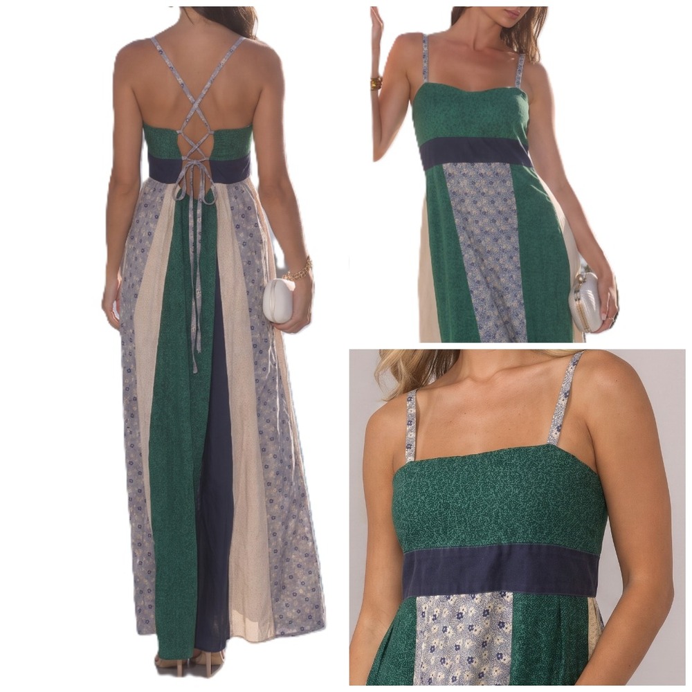 Vtg Cottagecore Patchwork Maxi Dress Handmade Calico Floral Corset Back Prairie